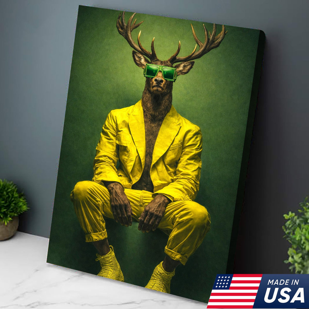 Cool Deer Canvas Wall Art Stylish Animal Portrait Green Suit Modern Decor