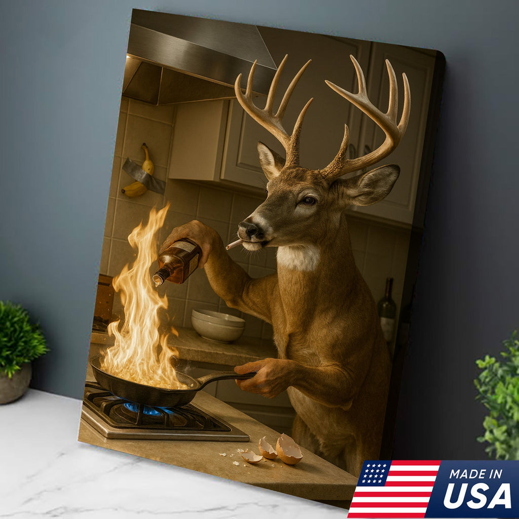 Funny Deer Cooking Canvas, Hilarious Buck Chef Wall Art, Rustic Humor Decor for Cabin
