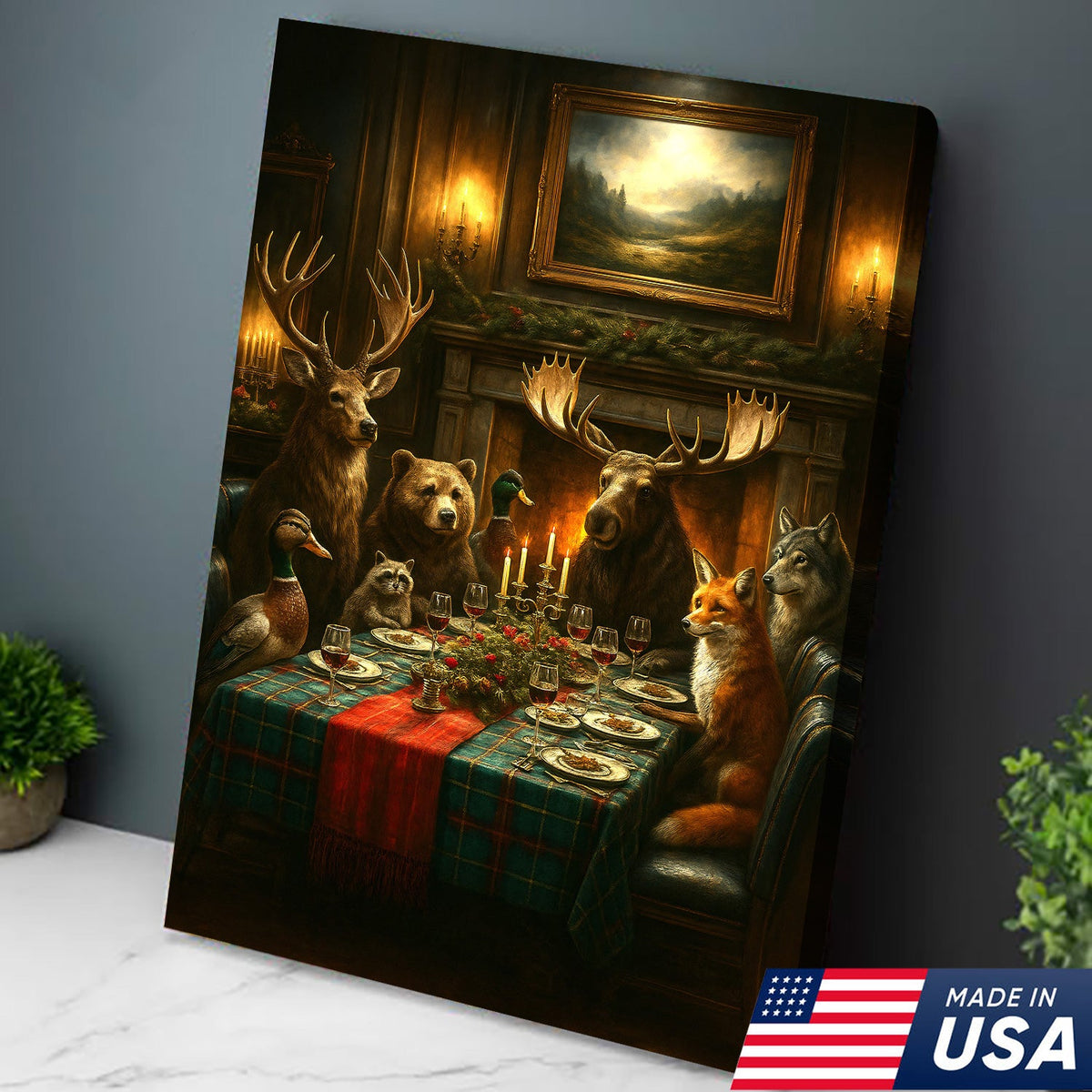 Rustic Wildlife Dinner Scene Wall Art Canvas – Forest Animal Gathering Decor
