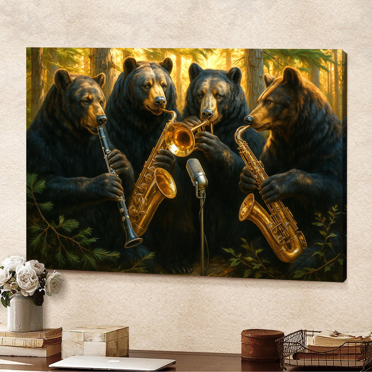 Funny Bear Band Canvas – Rustic Cabin Wall Art Gift for Hunters, Musicians & Nature Lovers