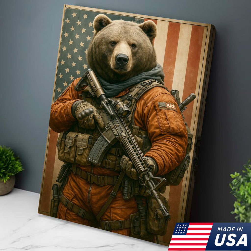 Patriotic Bear Soldier Wall Art Canvas, Tactical Military Animal with American Flag