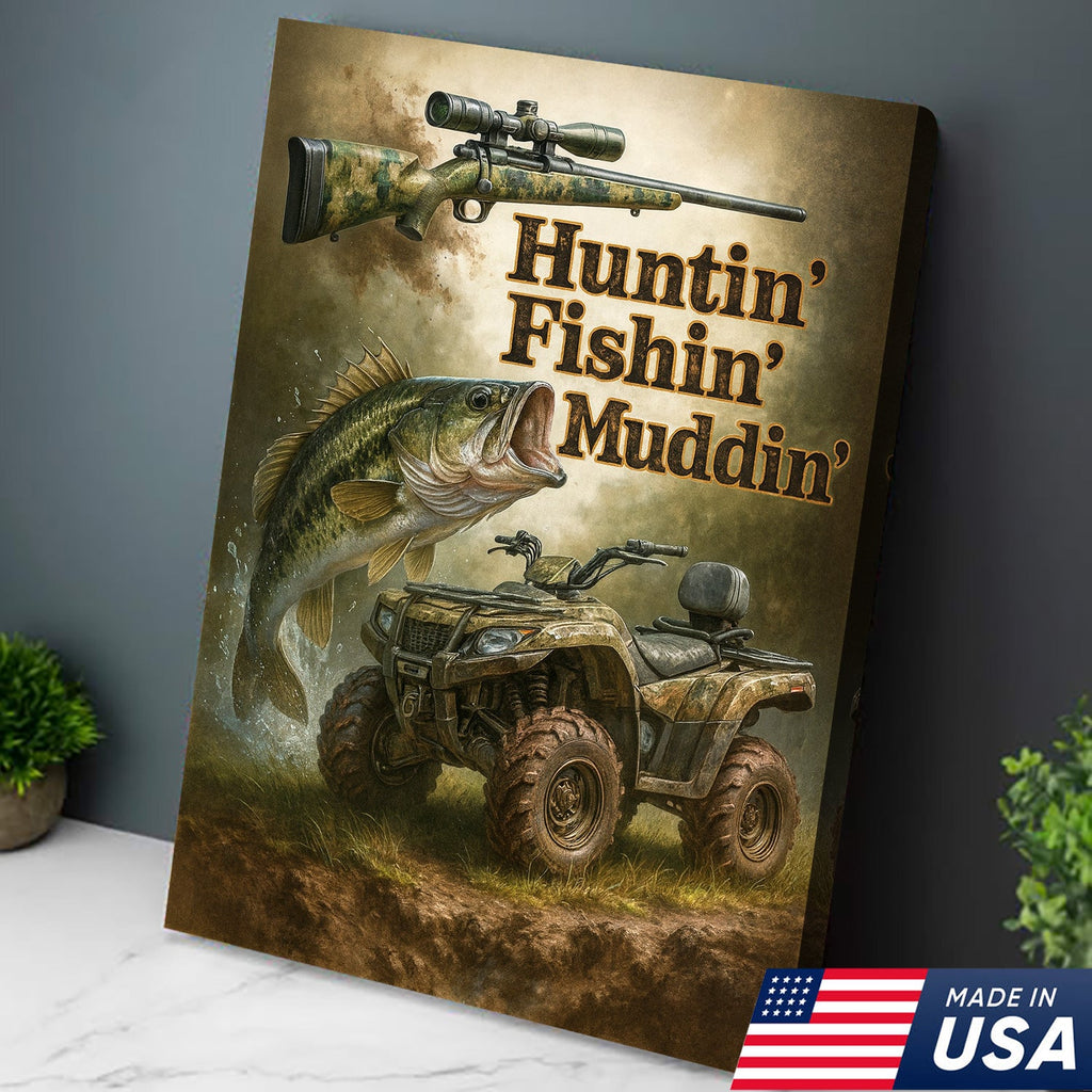 Huntin’ Fishin’ Muddin’ Canvas Wall Art, Deer Hunting and Fishing Decor for Men, Rustic ATV Cabin Artwork