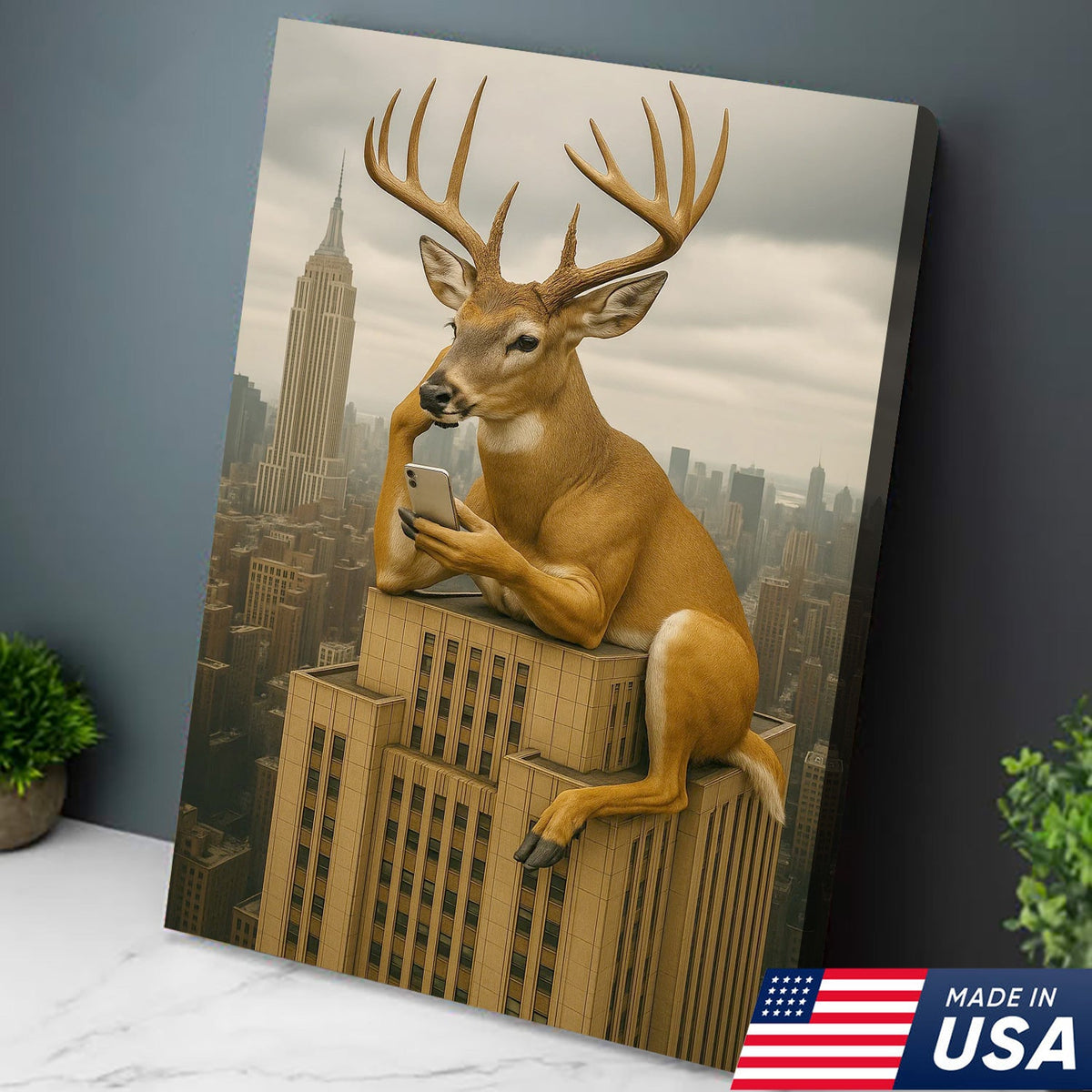 Funny Deer City Canvas Wall Art — Whitetail Buck on Skyscraper Using Phone, Surreal Urban Wildlife Artwork