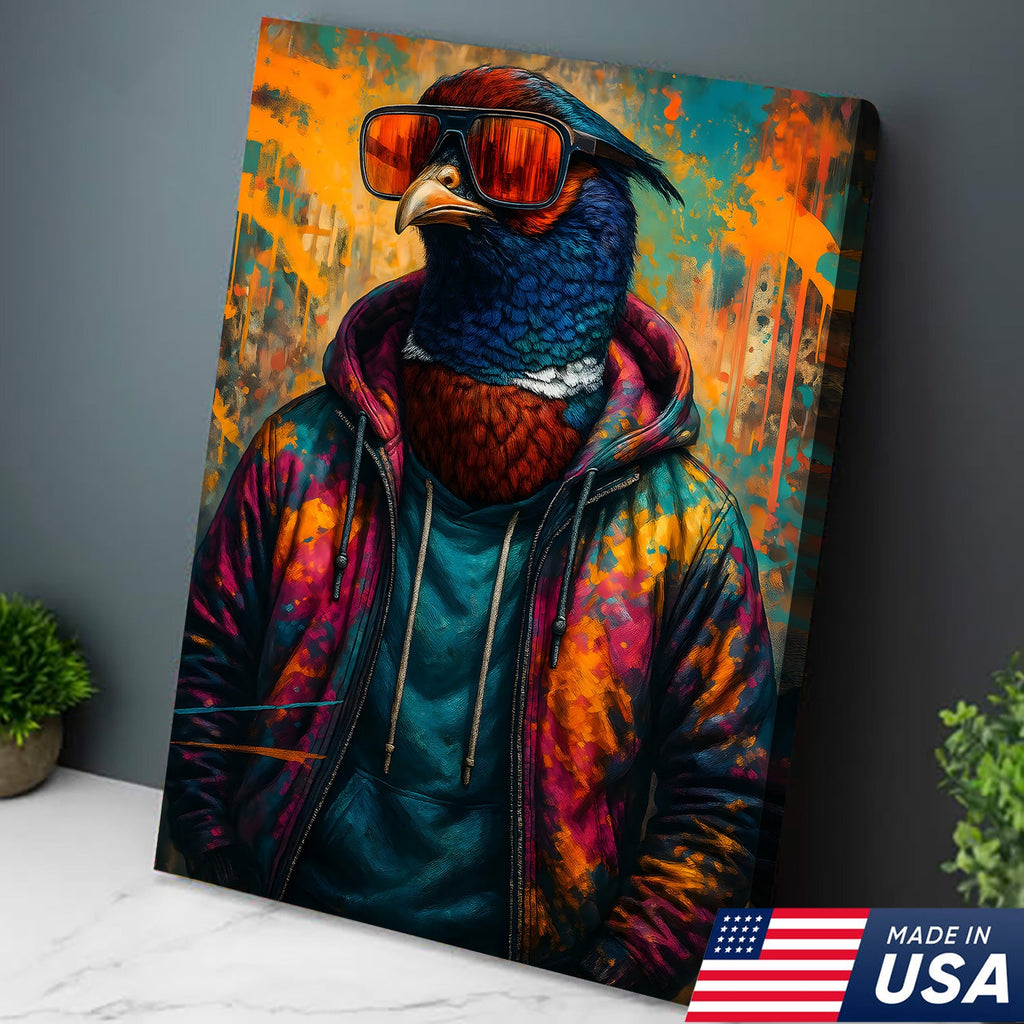 Cool Pheasant Wall Art – Hipster Bird in Hoodie Canvas Print, Urban Street Style Home Decor Gift