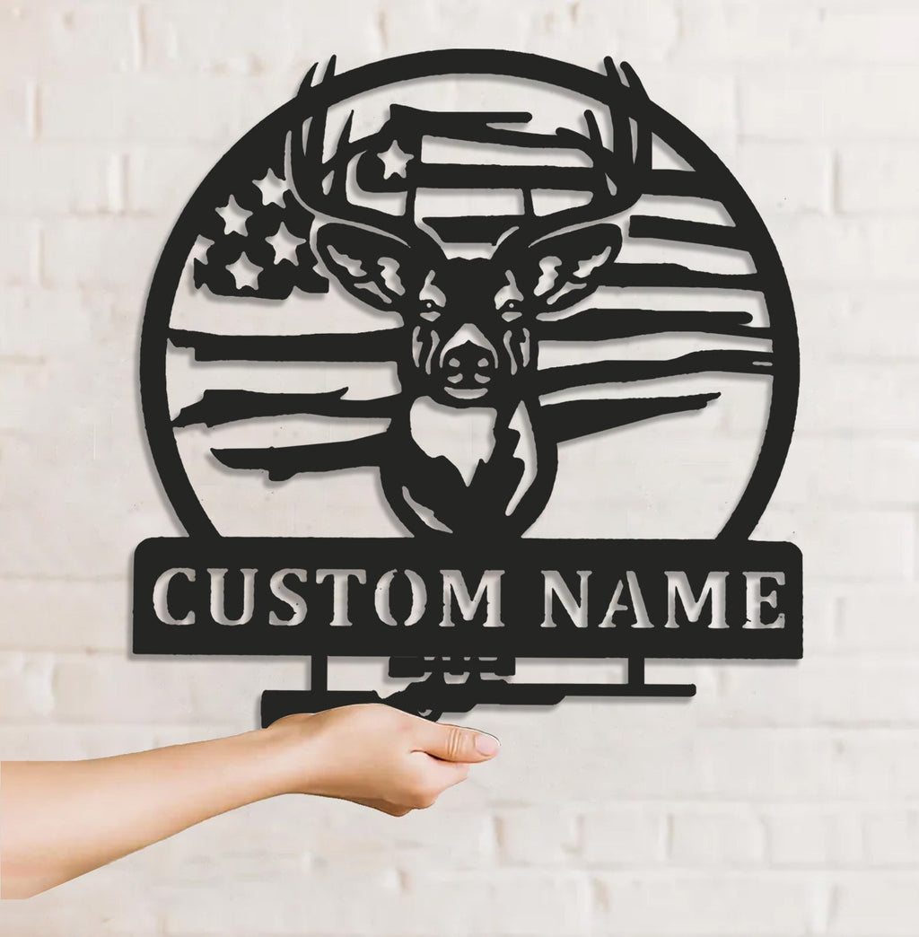 Personalized Deer Hunting Metal Sign WITH LED/WITHOUT LED, Rustic Buck Wall Art with American Flag