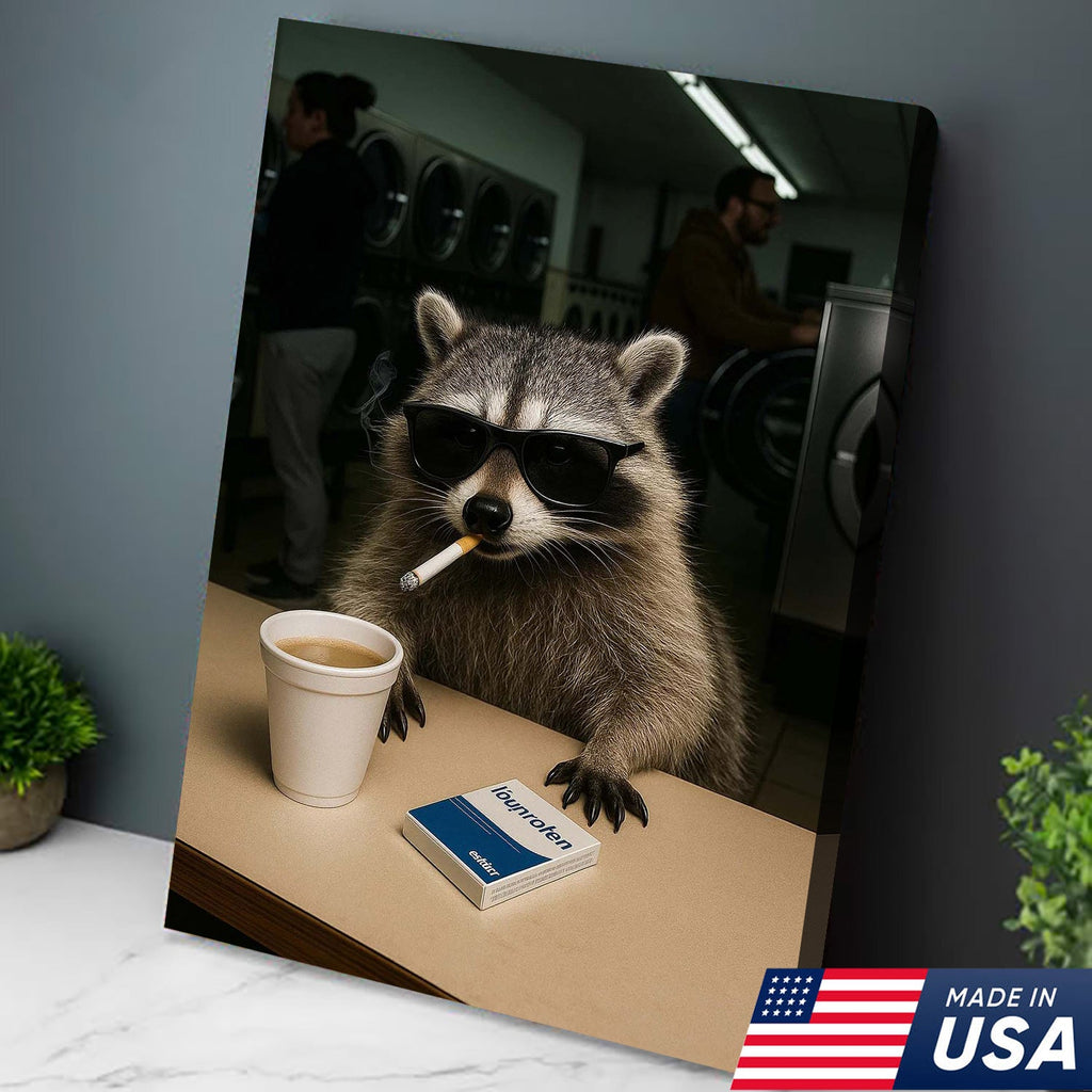 Cool Raccoon Laundromat Canvas Wall Art, Funny Coffee Drinking Raccoon Print