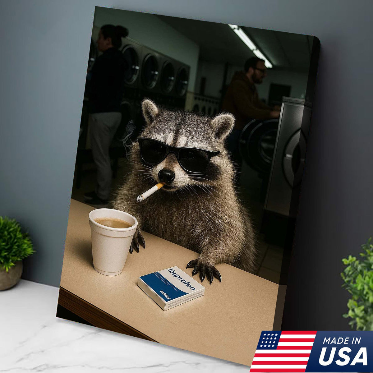 Cool Raccoon Laundromat Canvas Wall Art, Funny Coffee Drinking Raccoon Print