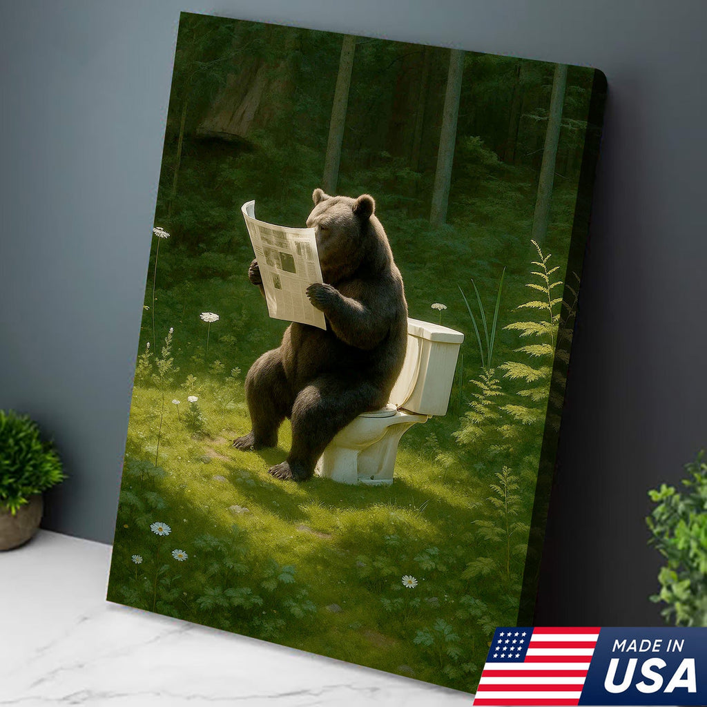 Bear on Toilet Reading Newspaper Canvas Wall Art, Funny Bathroom Decor for Cabin & Lodge