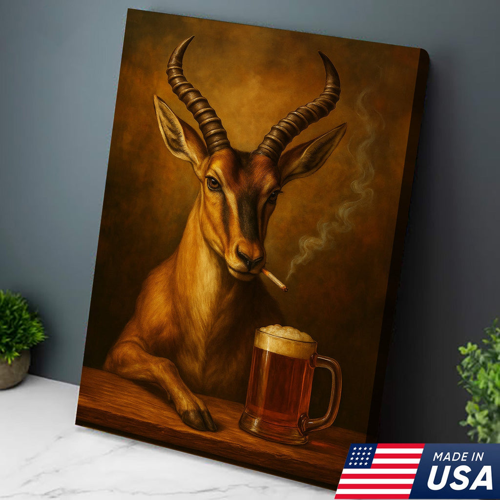 Funny Antelope Smoking & Beer Canvas Wall Art - Hunting Perfect Gift for Hunters