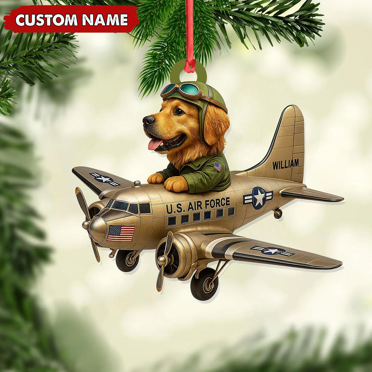 Personalized Dog Pilot Christmas Ornament, Custom Name U.S. Air Force Airplane, Military Dog Lover Tree Decor Gift