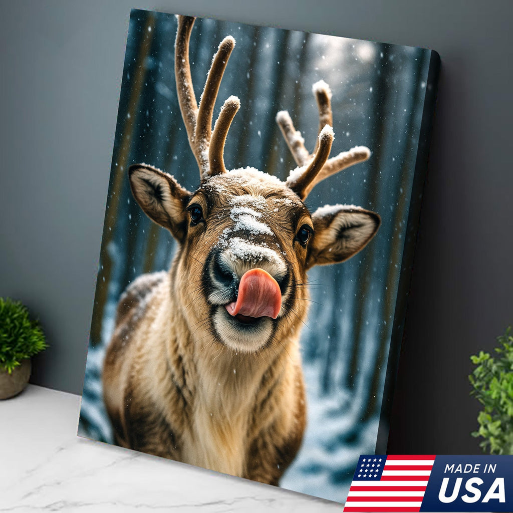 Winter Reindeer Portrait Canvas – Rustic Forest Wall Art for Cabin & Lodge Decor