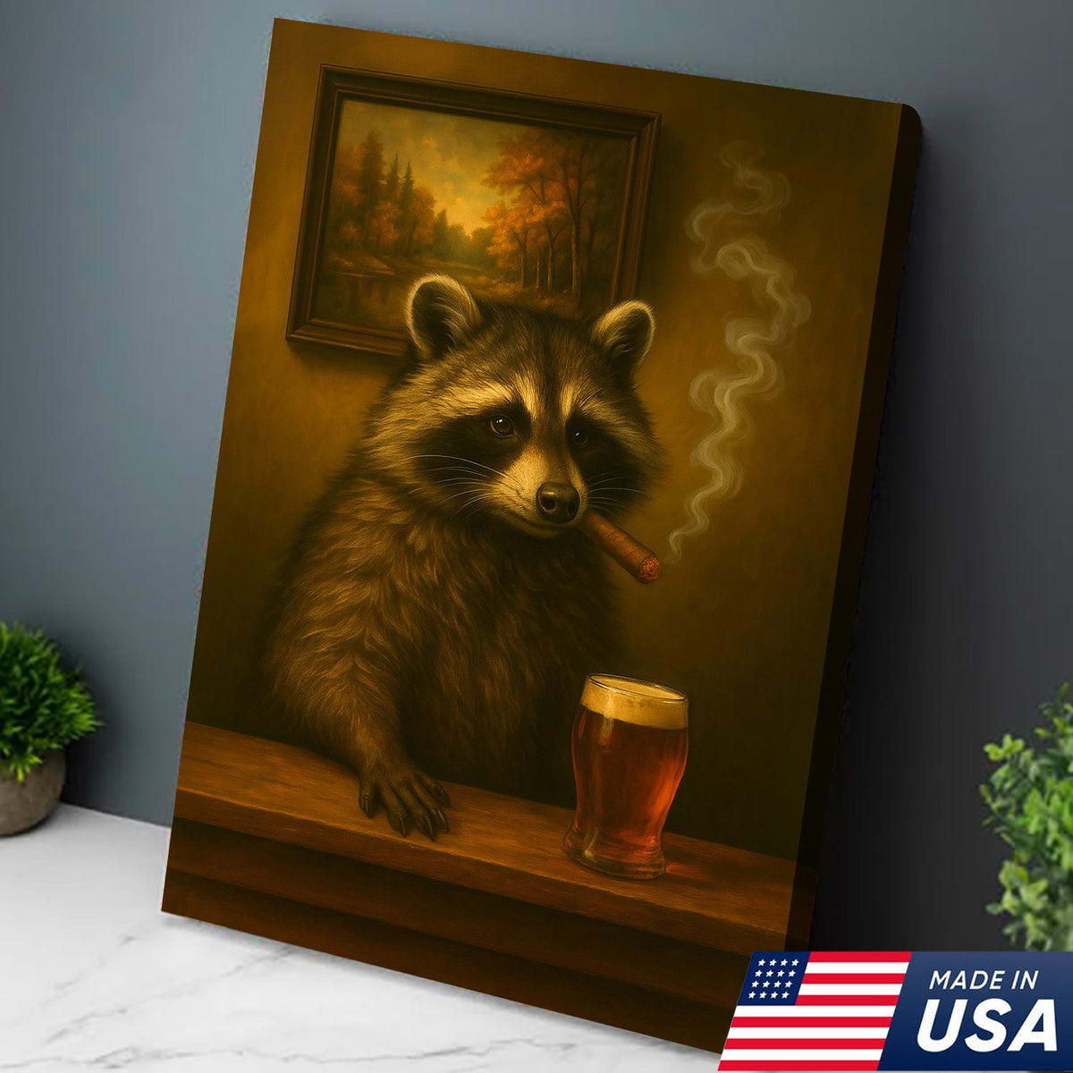 Funny Raccoon Bar Canvas Wall Art – Rustic Lodge Man Cave Décor with Beer & Smoking Humor
