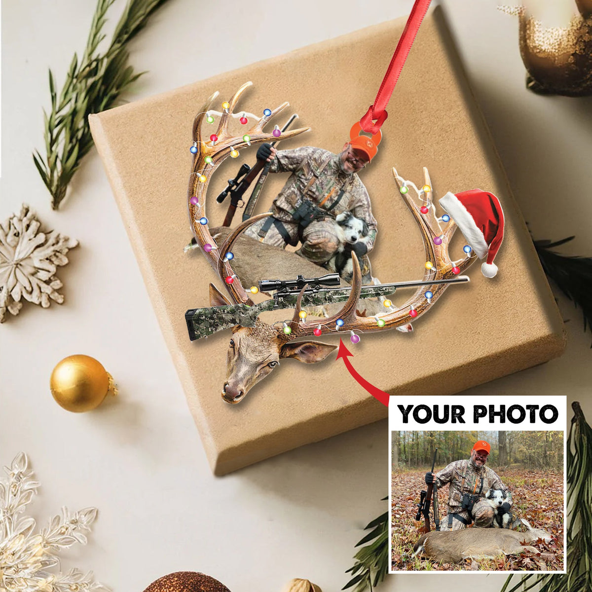 Personalized Hunting Aclyric Christmas Ornament – Custom Photo Deer Antler Gift for Hunters