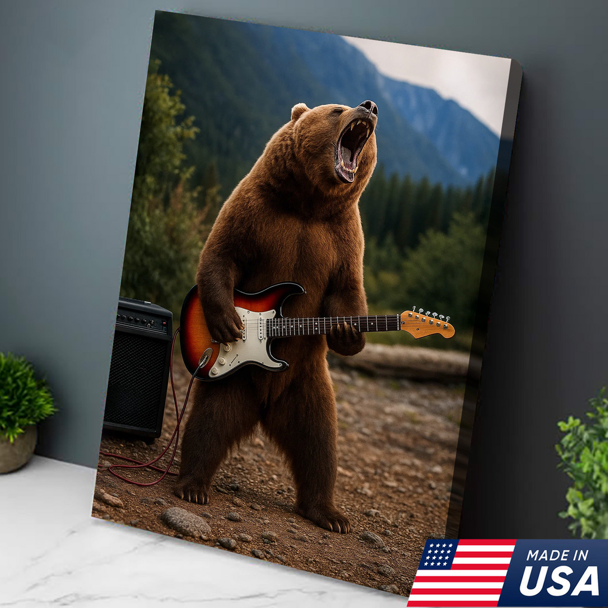 Funny Bear Canvas Wall Art – Rock and Roll Wildlife Decor, Guitar Playing Grizzly