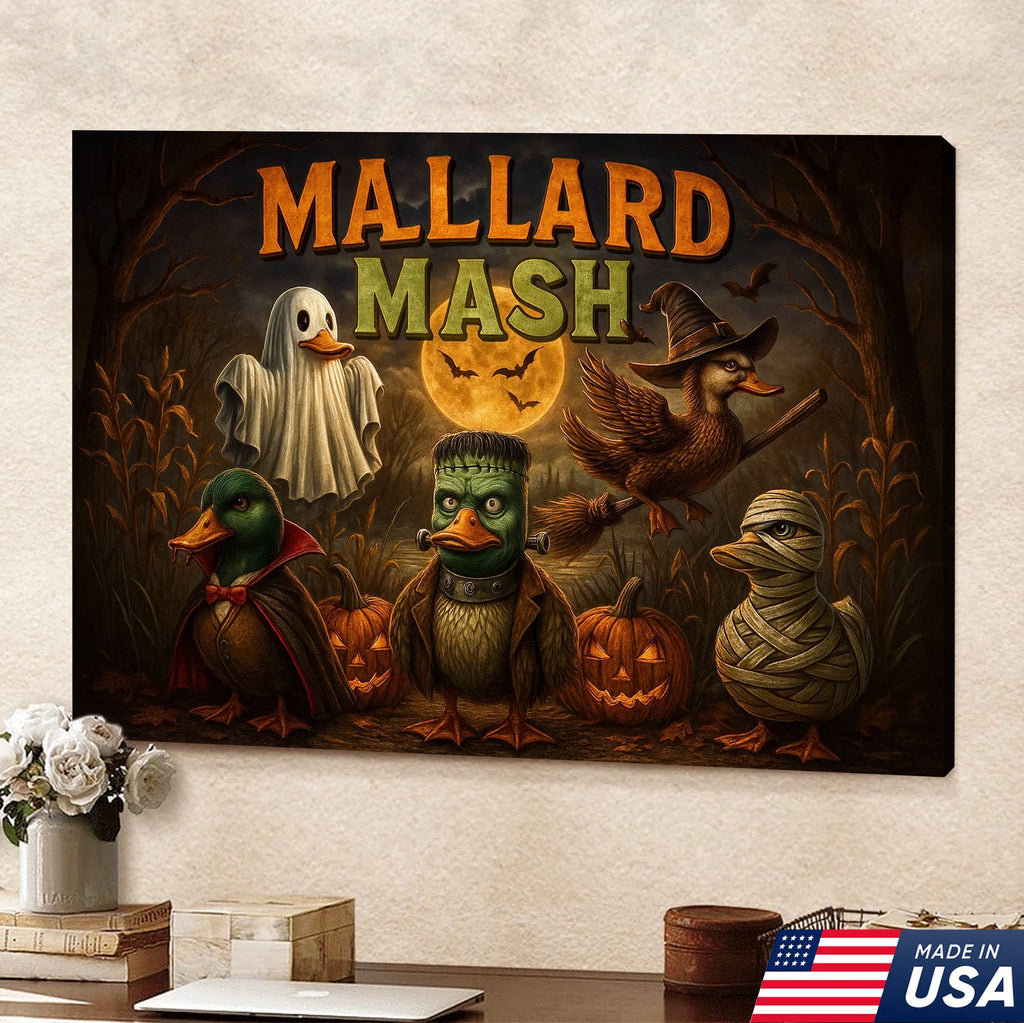 Mallard Mash Halloween Canvas Wall Art – Funny Ducks in Costumes with Pumpkins