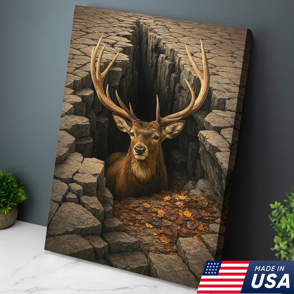 Epic Deer Canvas Art – Majestic Buck Emerging from Cracked Earth