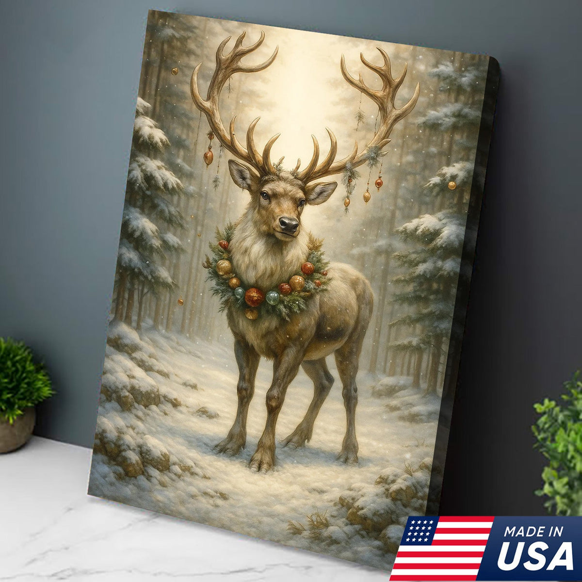 Christmas Reindeer Canvas Wall Art, Majestic Deer with Ornament Wreath in Snowy Forest