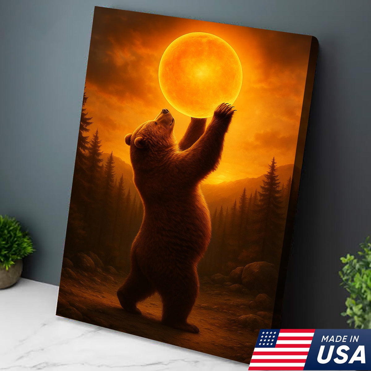 Bear Holding the Sun Canvas Art – Sunset Wilderness Wall Decor for Cabin & Home
