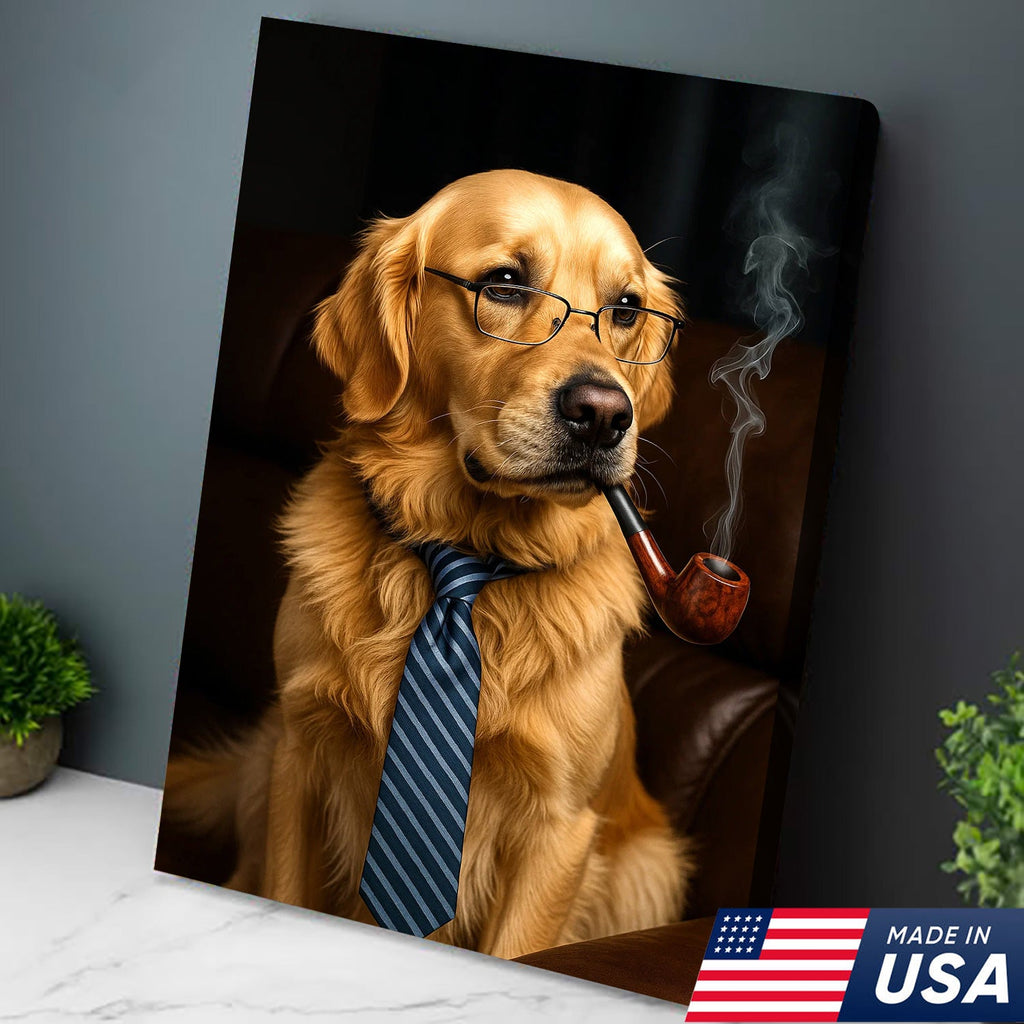 Gentleman Dog Canvas Art – Golden Retriever in Glasses & Tie with Pipe