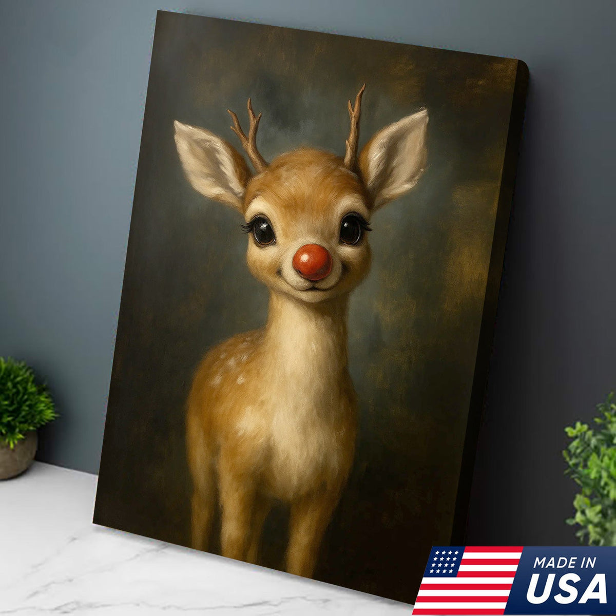 Cute Red Nose Baby Reindeer Canvas Wall Art, Christmas Deer Nursery Decor