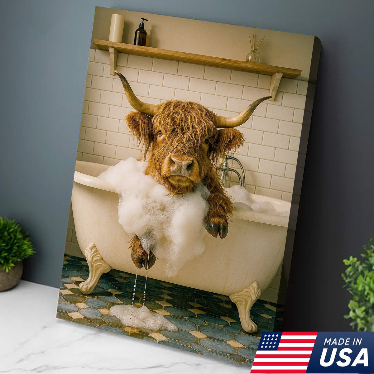 Highland Cow Bubble Bath Canvas Wall Art, Funny Farmhouse Bathroom Decor