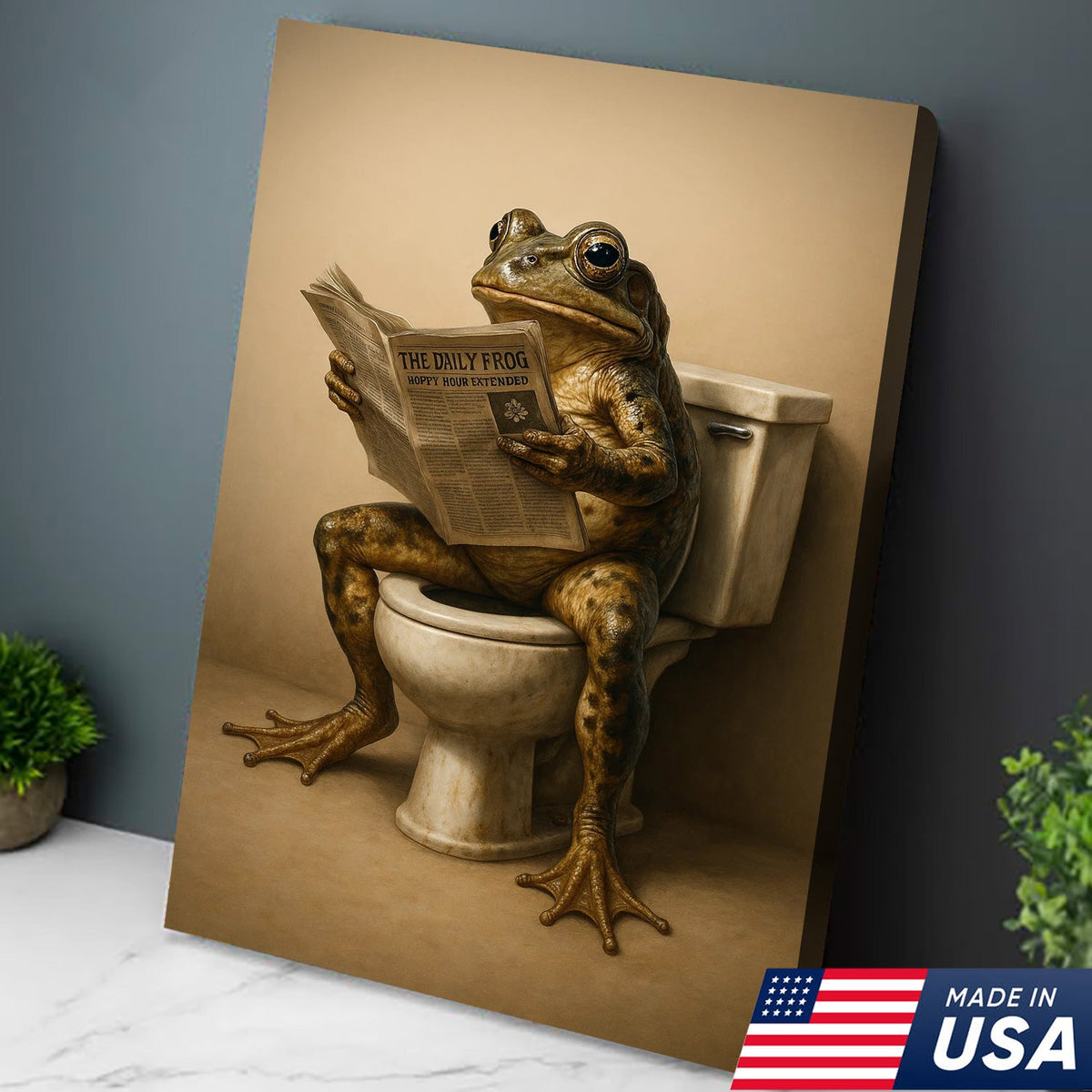 Funny Frog Bathroom Canvas Wall Art, Frog Reading Newspaper on Toilet