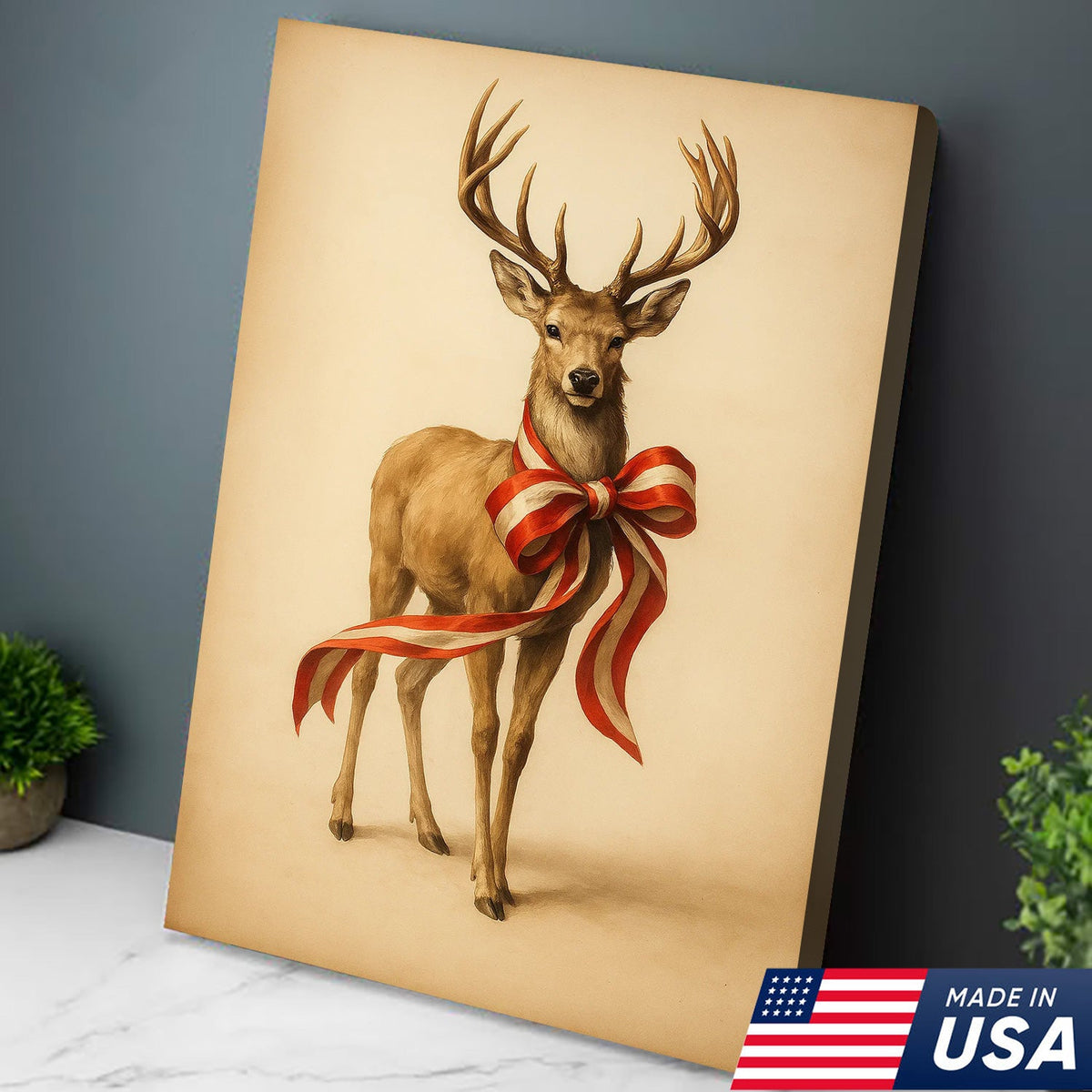 Farmhouse Christmas Deer Canvas Wall Art, Neutral Stag with Red Gift Bow Print