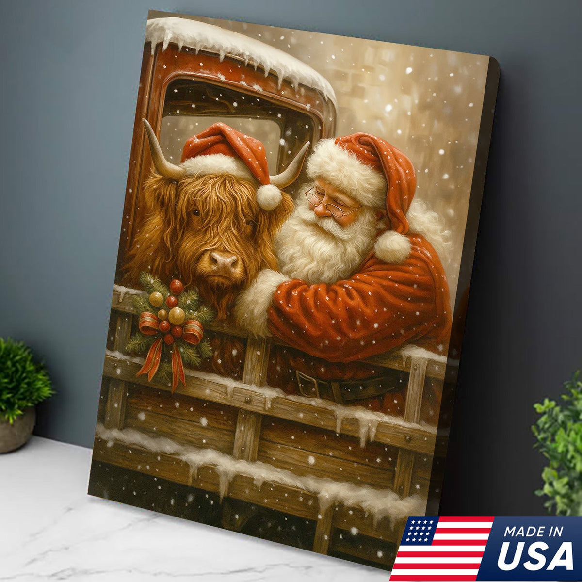 Santa and Highland Cow Christmas Canvas Wall Art, Rustic Farmhouse Holiday Truck Print