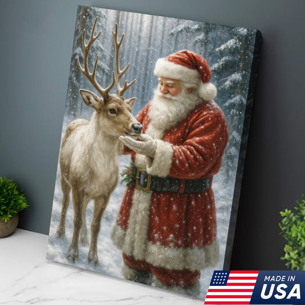 Santa and Reindeer Christmas Canvas Wall Art, Rustic Snowy Forest Holiday Print