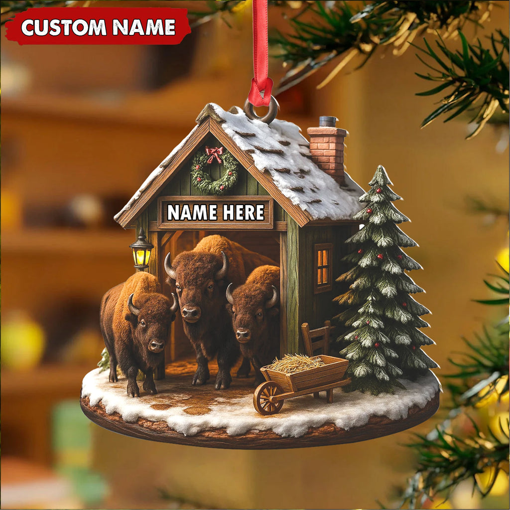 Personalized Acrylic Bison Christmas Ornament – Custom Buffalo Barn Holiday Decor