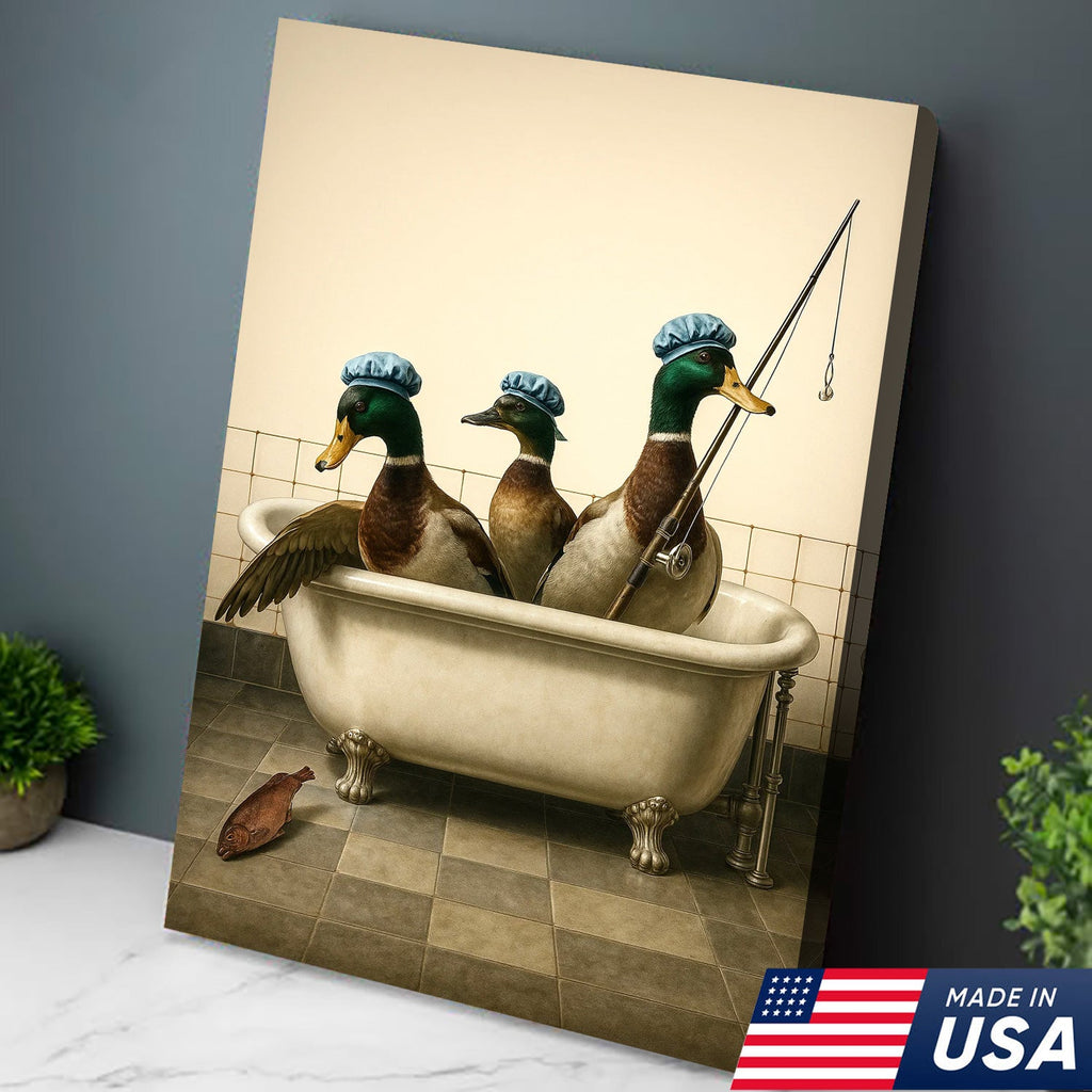 Fishing Ducks Canvas Art – Funny Trio of Ducks in Bathtub with Rod
