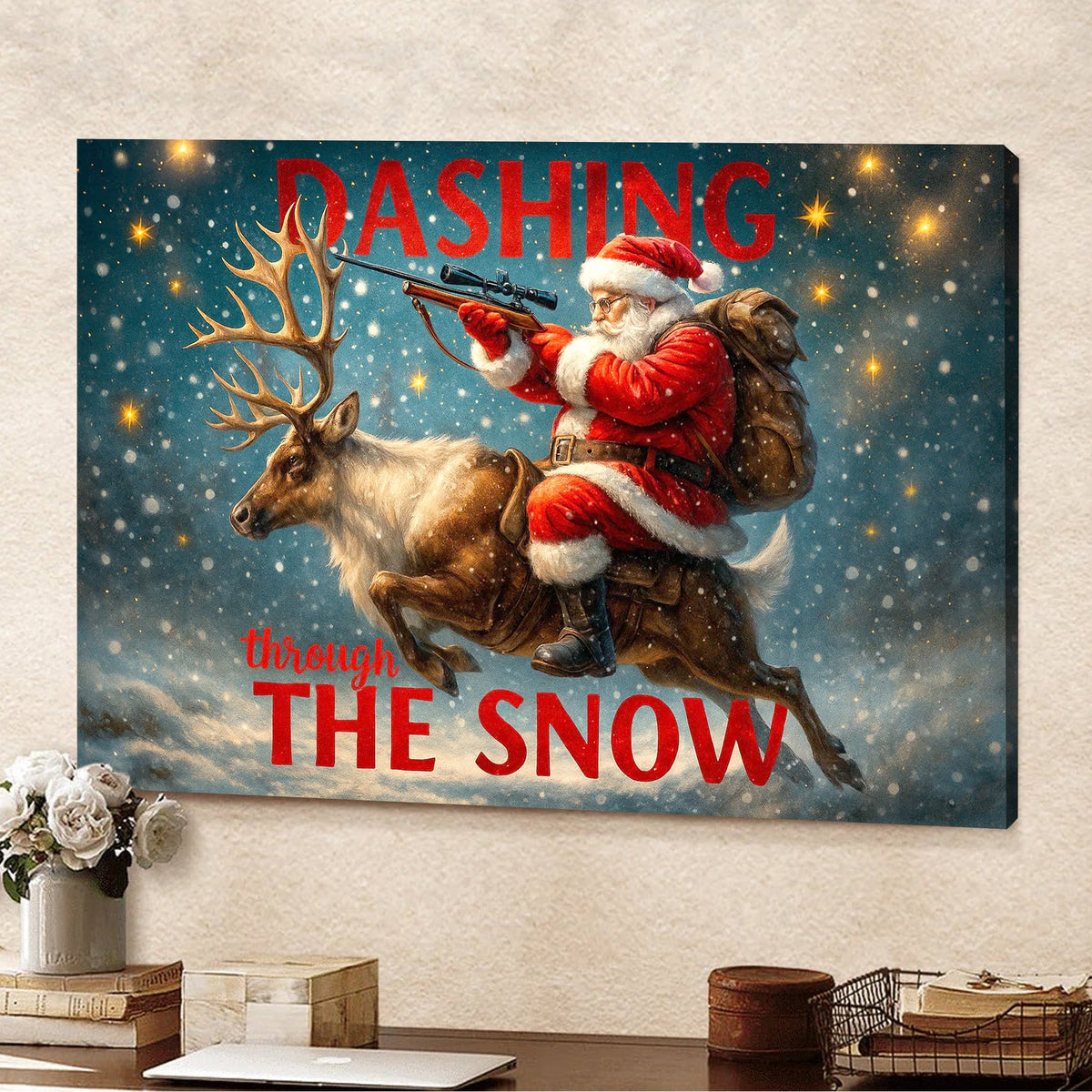 Santa Riding Reindeer Canvas Wall Art, Funny Christmas Decor, Rustic Winter Cabin Decoration for Holiday Lovers
