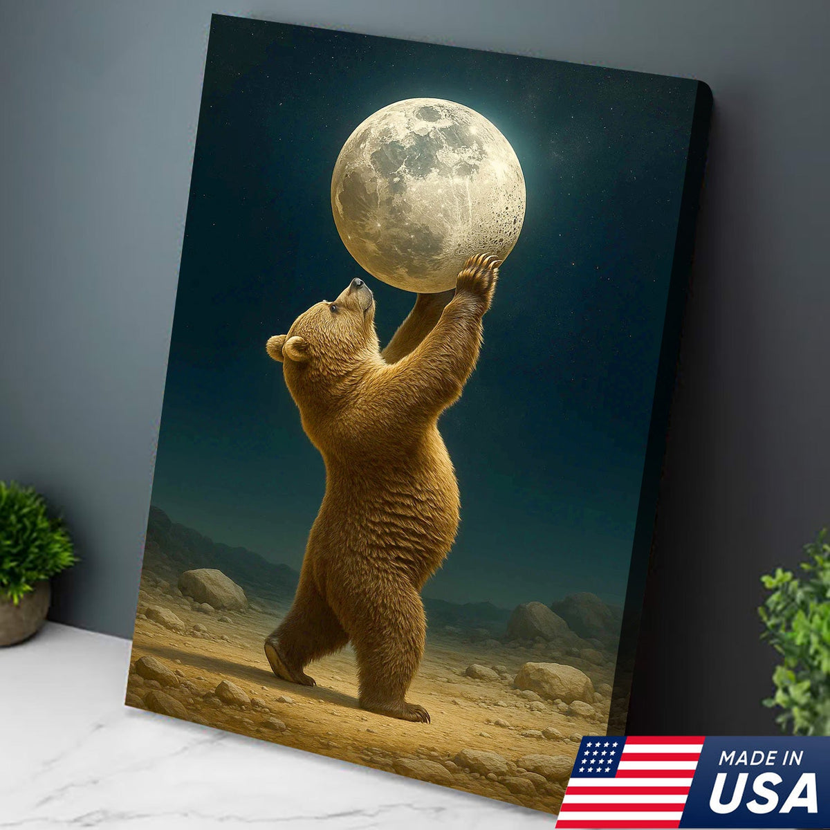 Bear Holding Full Moon Canvas Wall Art, Surreal Night Sky Decor, Rustic Cabin Nature Print