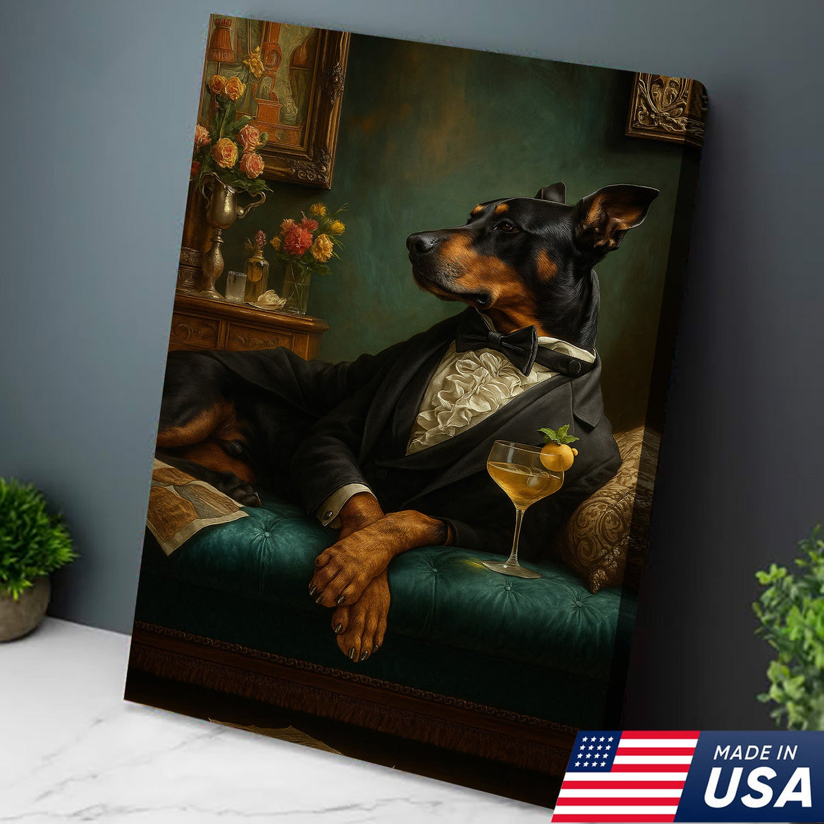 Elegant Doberman Gentleman Wall Art Canvas – Vintage Dog Portrait for Home Bar