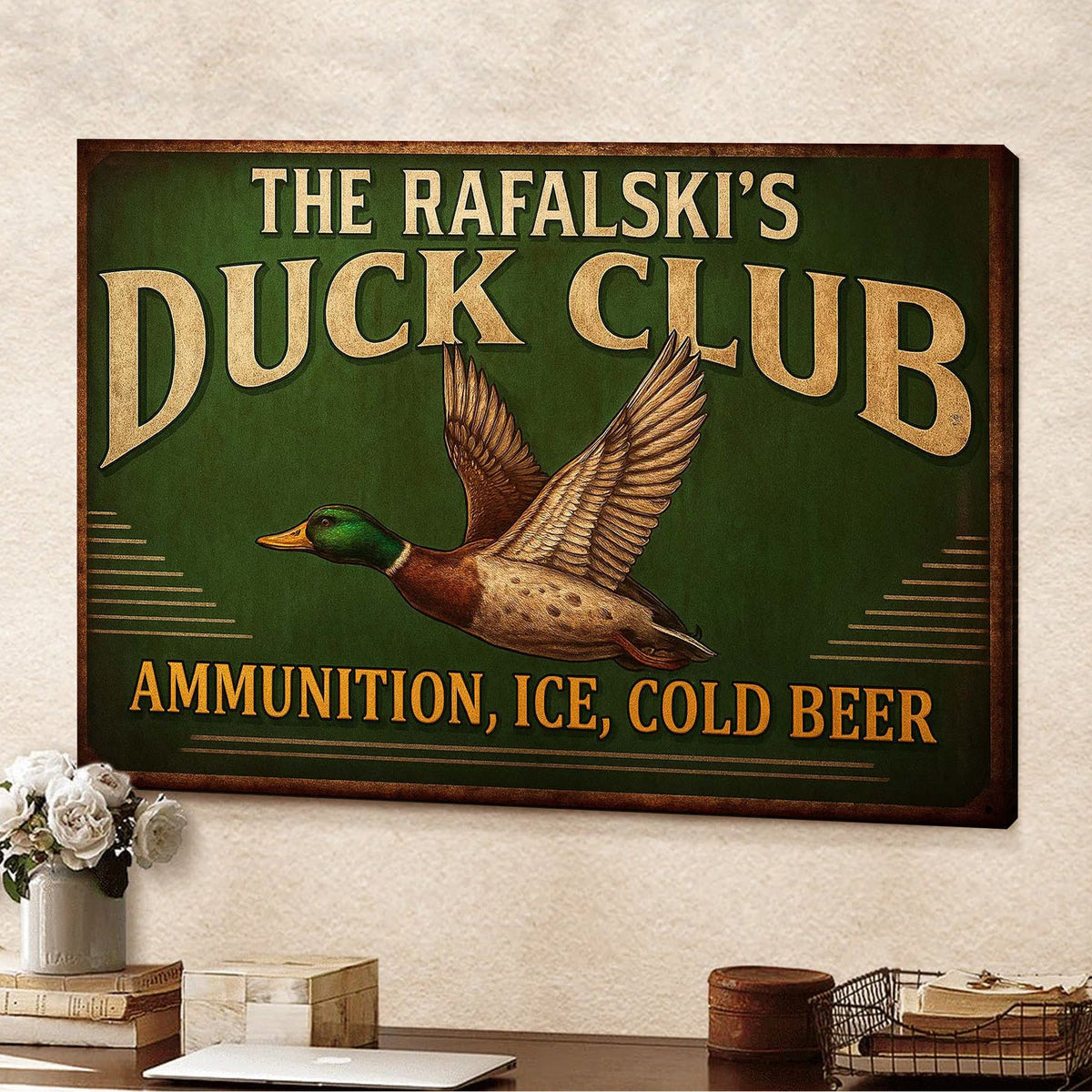 Personalized Duck Club Canvas Sign, Vintage Mallard Hunting Lodge Wall Art