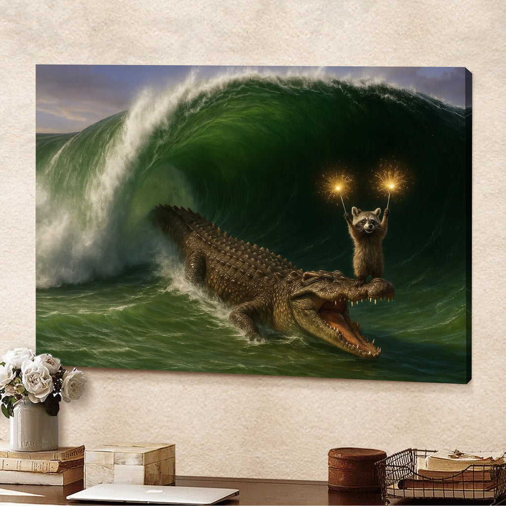 Crocodile Surfing Canvas Wall Art, Raccoon with Sparklers Fantasy Animal