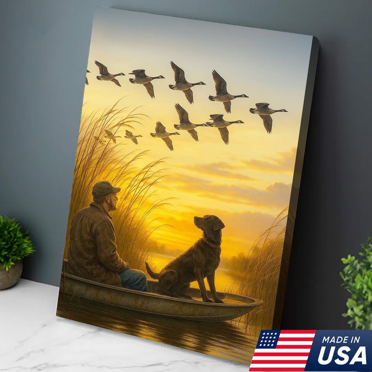 Waterfowl Hunting Wall Art – Duck Flock at Dawn, Hunter & Retriever In Boat, Rustic Decor