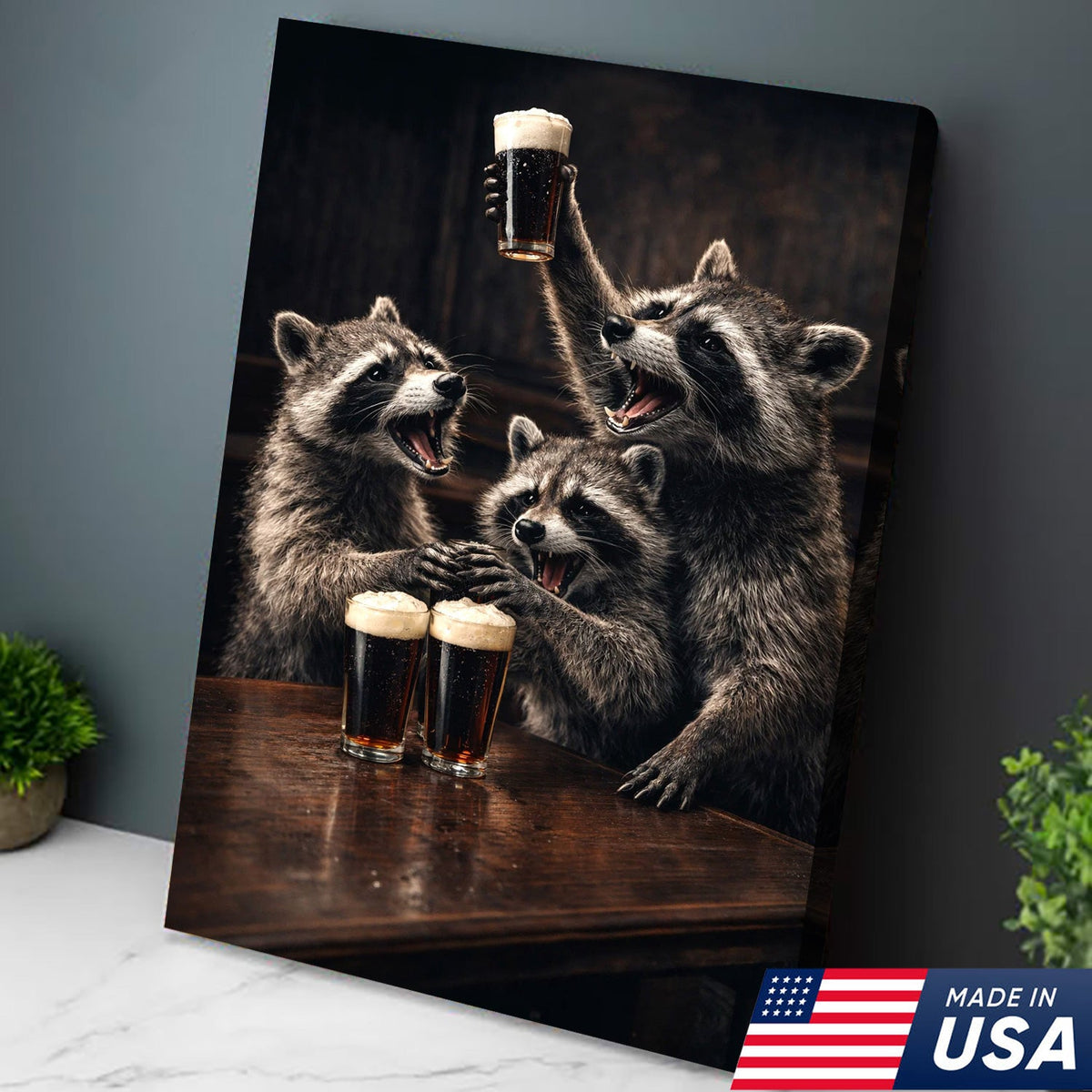 Funny Party Raccoon Wall Art Canvas Print, Wild Friends Celebration Animal Illustration