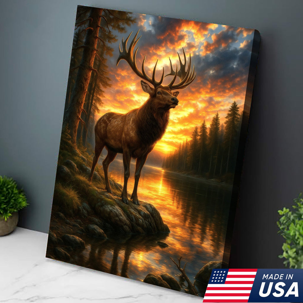 Majestic Elk at Sunset By The Lake Canvas– Wildlife Wall Art for Cabin, Lodge & Nature Lovers