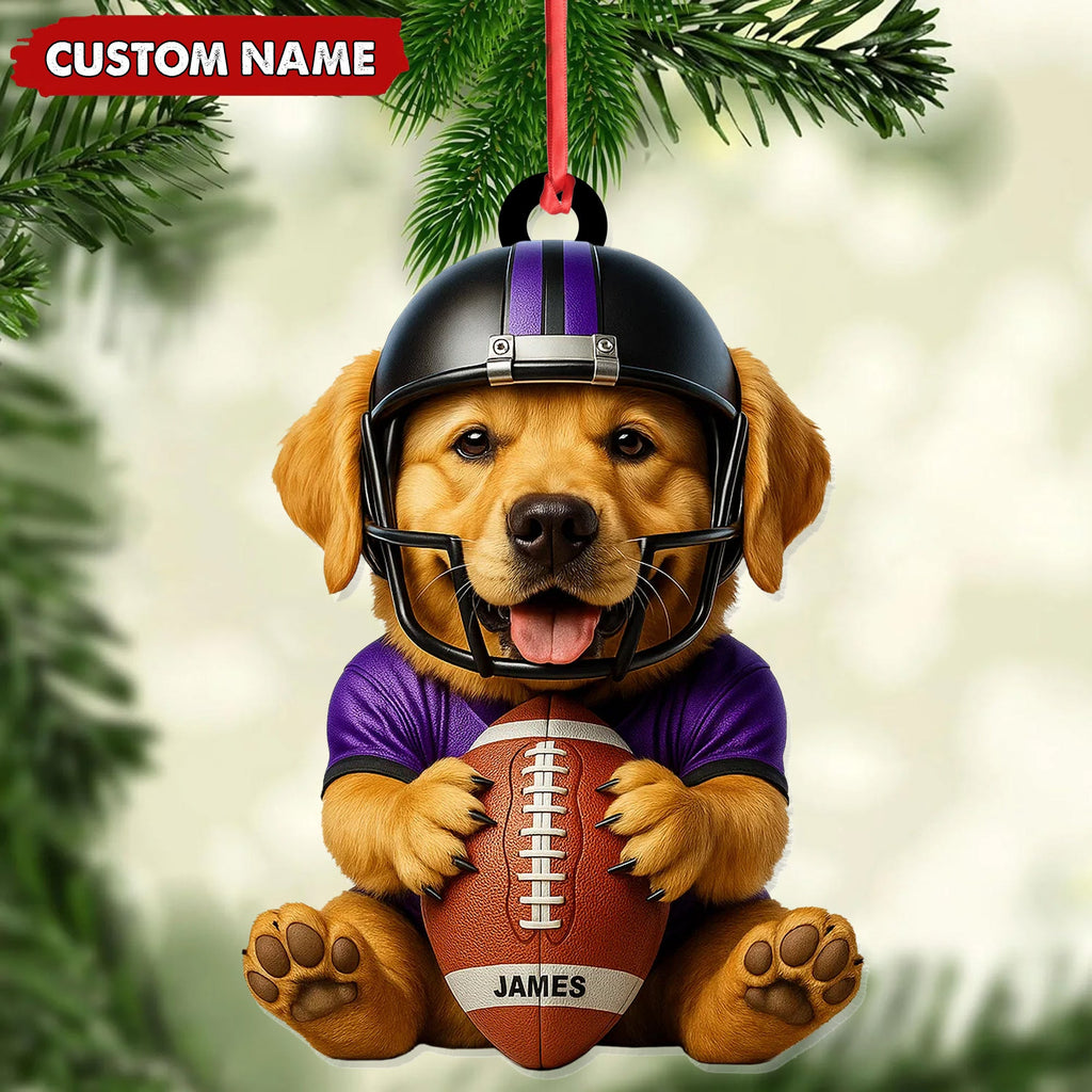 Personalized Football Puppy Christmas Ornament, Custom Name Dog in Helmet Holding Ball, Cute Pet Lover Tree Decoration