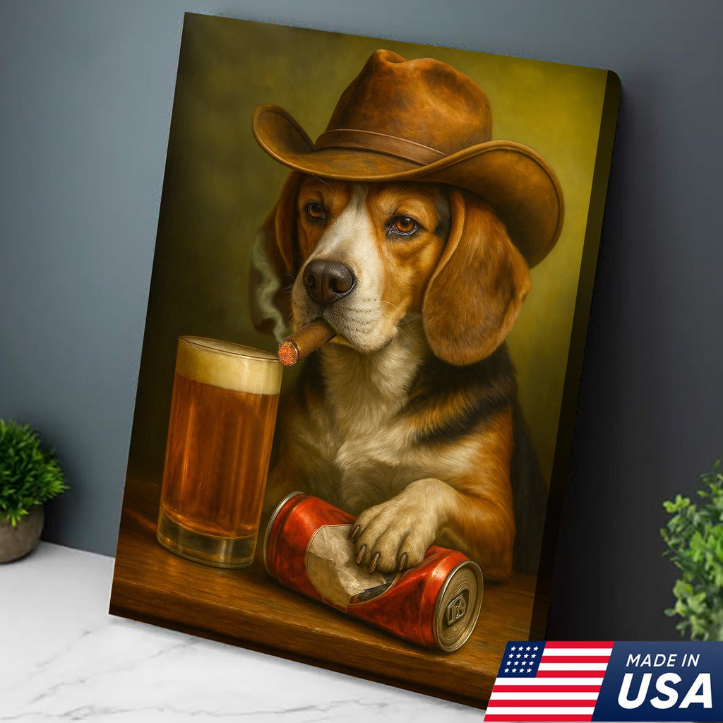 Funny Cowboy Dog Canvas Wall Art - Rustic Bar Wall Art Gift for Hunters, Outdoorsmen & Man Caves