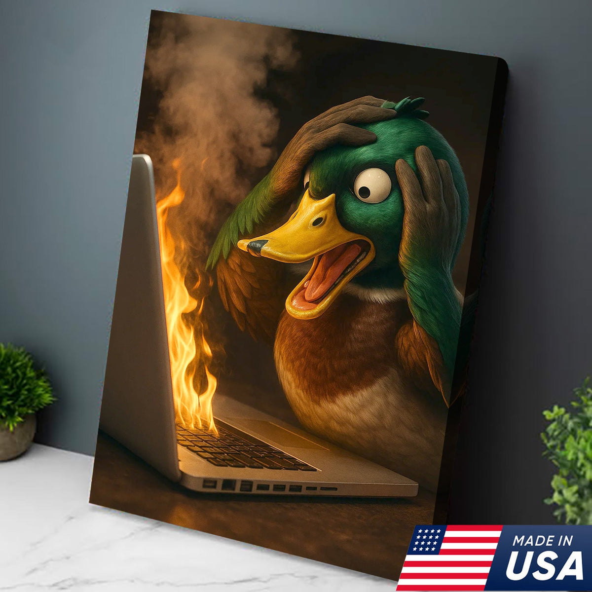 Funny Duck Screaming at Burning Laptop Canvas Wall Art, Hilarious Tech Fail Gift
