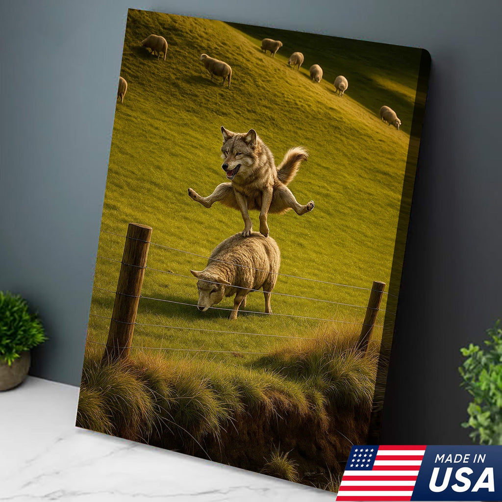 Funny Wolf and Sheep Canvas Wall Art - Hilarious Animal Jump Scene, Rustic Farmhouse Decor