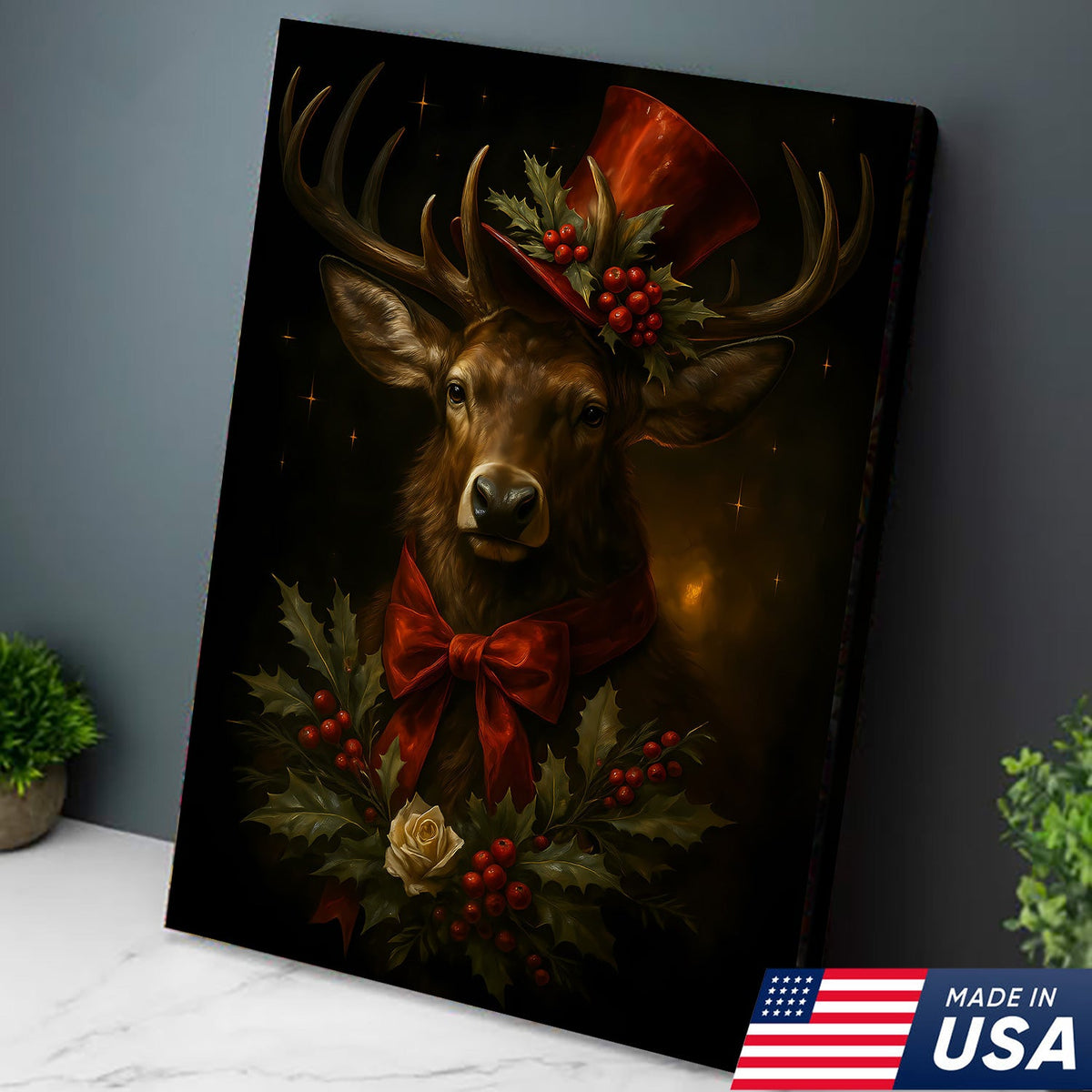Christmas Deer Canvas Wall Art – Rustic Holiday Decor for Cabin & Lodge