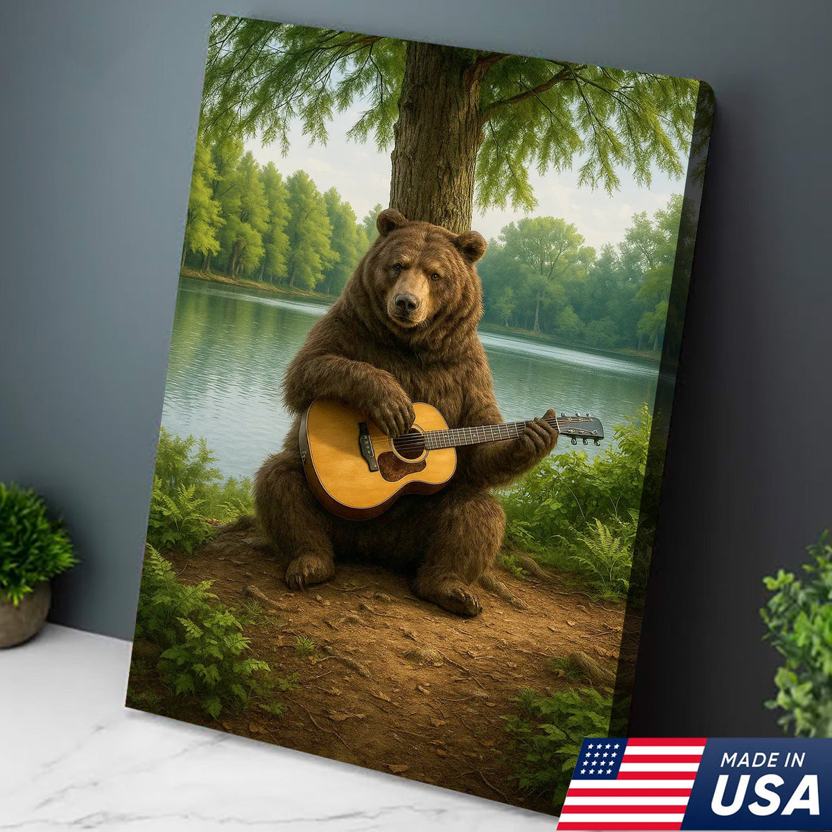 Bear Playing Guitar Canvas Wall Art, Rustic Cabin Lake Decor, Funny Wildlife Music Lover Gift
