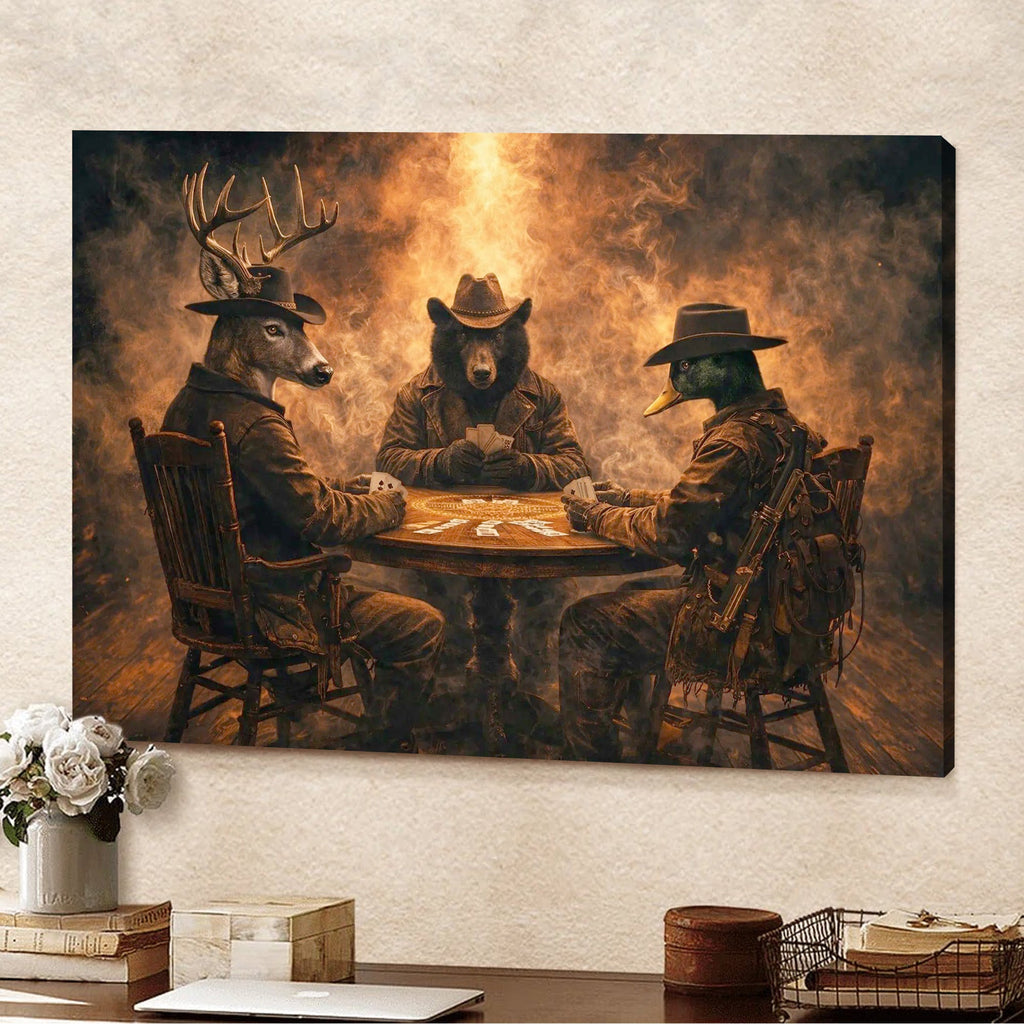 Wild West Animal Poker Canvas Wall Art – Deer, Bear and Duck Cowboy Card Game Print