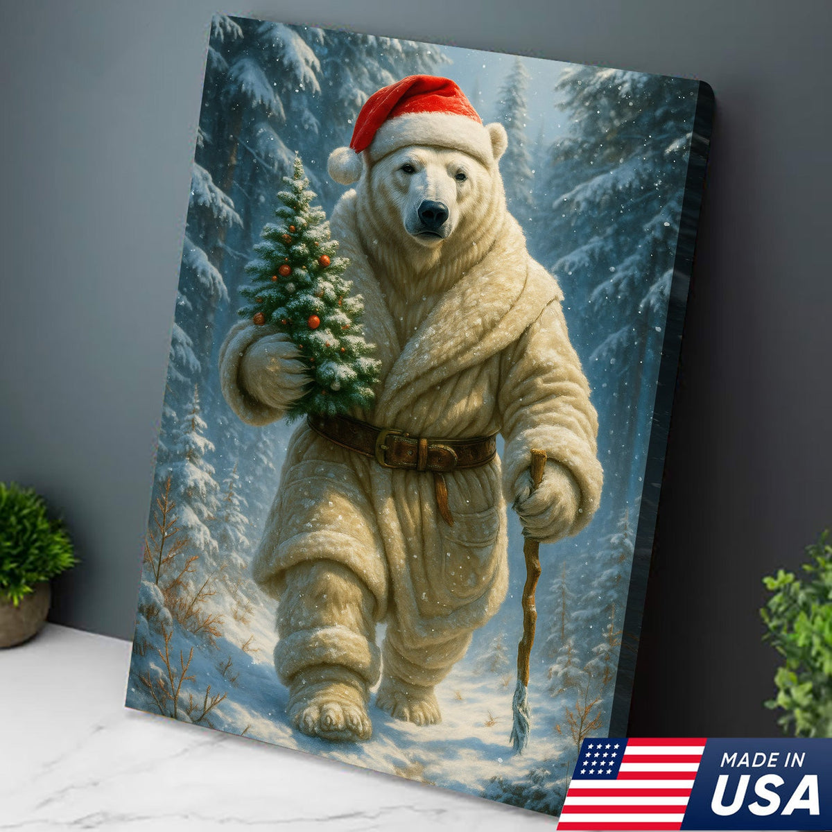 Polar Bear Santa Christmas Canvas – Funny Holiday Wall Art Gift for Hunters & Animal Lovers