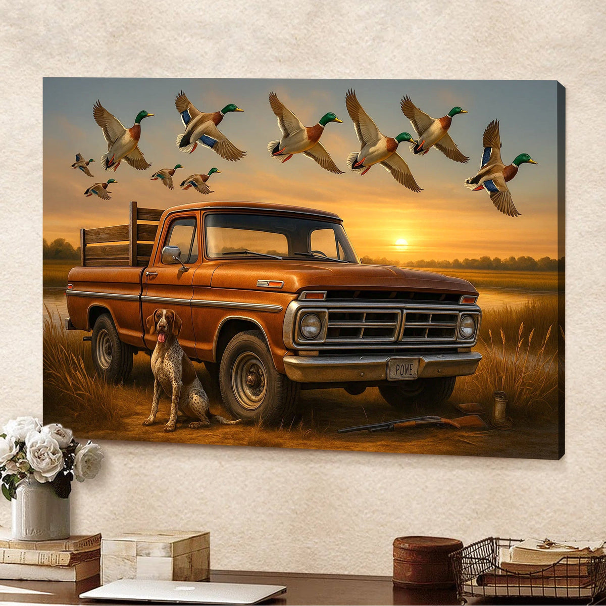 Rustic Hunting Canvas Wall Art – Vintage Pickup Truck with Hunting Dog & Flying Mallard Ducks at Sunset