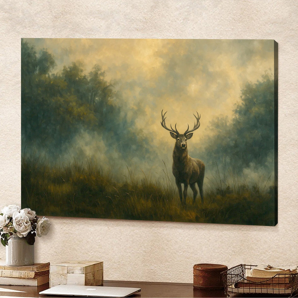 Majestic Deer in Forest Canvas Wall Art – Rustic Wildlife Nature Scene – Cabin Lodge Decor