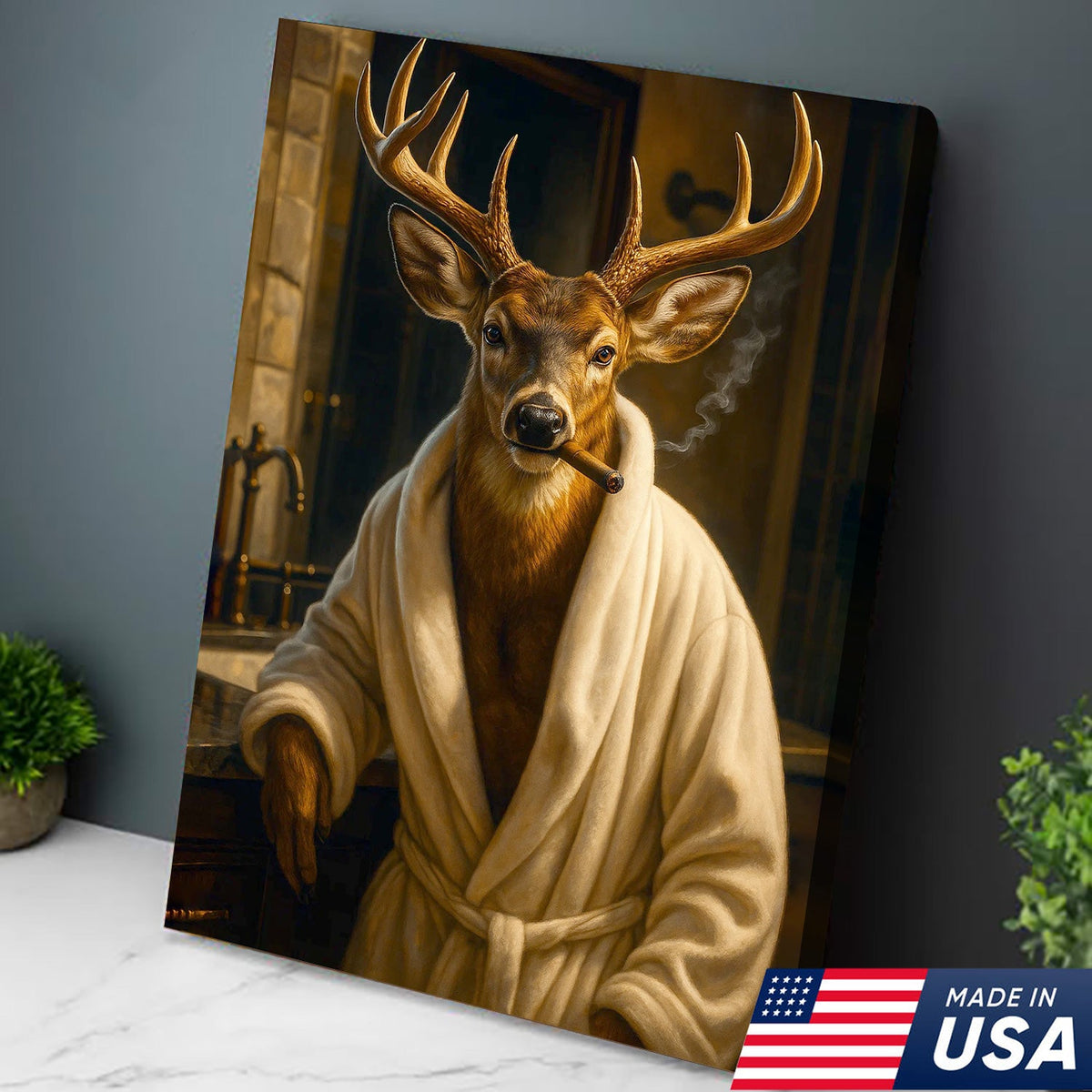 Deer Canvas Wall Art – Stylish Buck in Bathrobe Smoking Cigar Rustic Bathroom Decor for Hunters